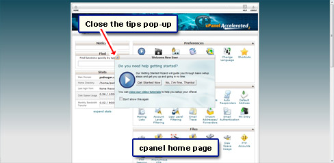 cpanel home page with various icons