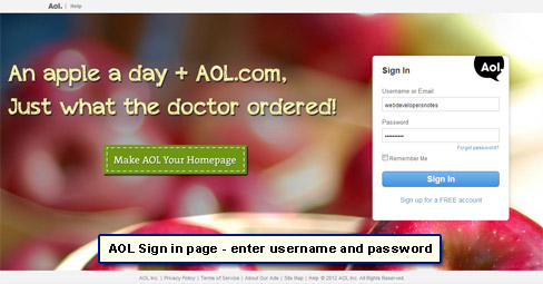 AOL sign in page