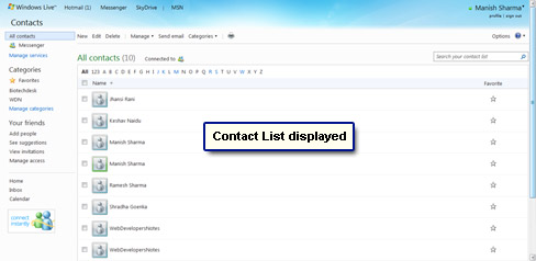 Contacts list is displayed