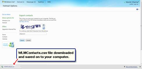 elenco dei Contatti è scaricato in formato CSV e salvato sul vostro computer