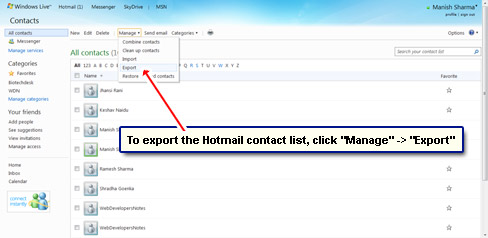 Exportar a lista de contatos: Gerir - Exportação