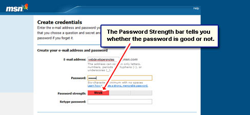 The password strength bar indicates how strong is the account password