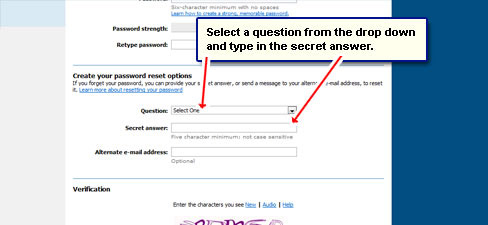 Select a security question and provide an answer