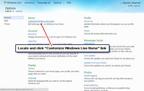 Click on the Windows Live Home settings link.