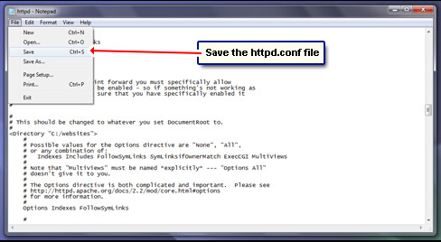 Save the Apache configuration file - httpd.conf