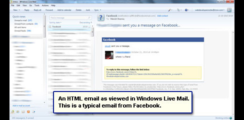 HTML email from Facebook as displayed by Windows Live Mail