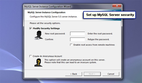 Set up MySQL Server security.
