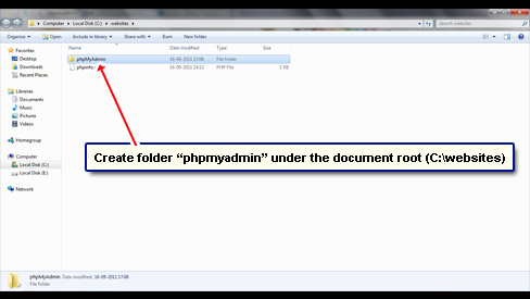 Create a new folder under the document root. Name it phpmyadmin.