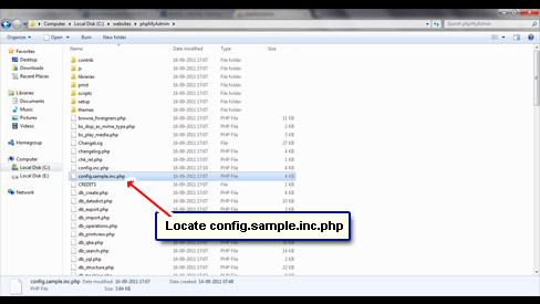 Locate the phpMyAdmin config file. It is called config.sample.inc.php. Rename it to config.inc.php.