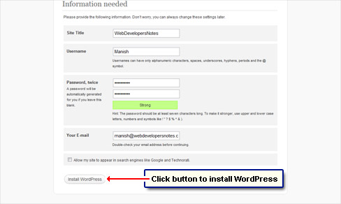 Click on the Install WordPress button.