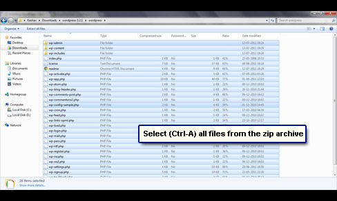 Open the zip archive and select all the files and folders - Ctrl-A.