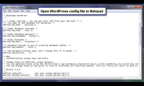 Open the WordPress config file in Notepad and get ready to make some minor changes.