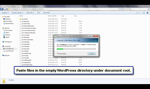 Paste all the WordPress files into the empty folder under the document root.
