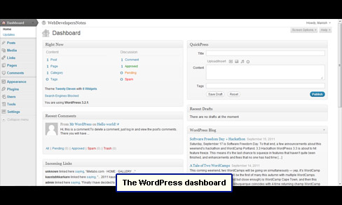 The WordPress dashboard - the page you see when you login (index.php).