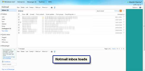The Hotmail inbox is displayed