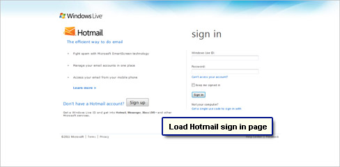  La page de connexion à Hotmail se charge automatiquement - c'est la page d'accueil du navigateur