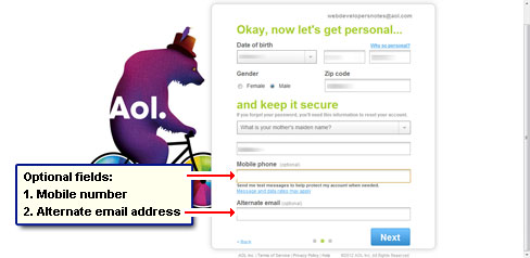 Optional form fields - mobile number and alternate email address