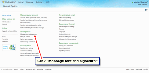 Open the Message font and signature section