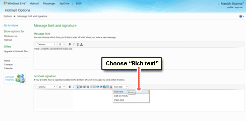 Move to the Personal signature and choose Rich text from the drop down