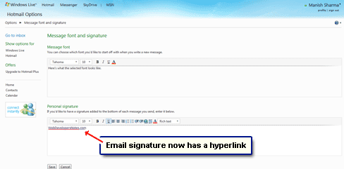 The signature now has a hyperlink