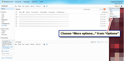 Load the Windows Live Hotmail options section
