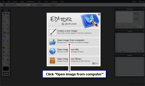 Open image from your computer in the online Pixlr editor