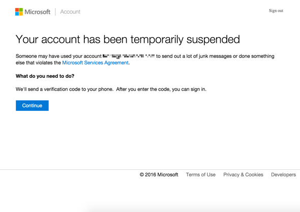 Outlook.com message: Account is temporarily suspended