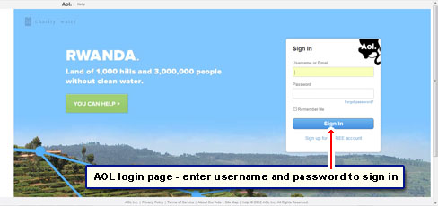 The AOL login page