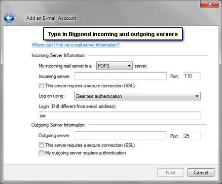 Type in the Bigpond email server information