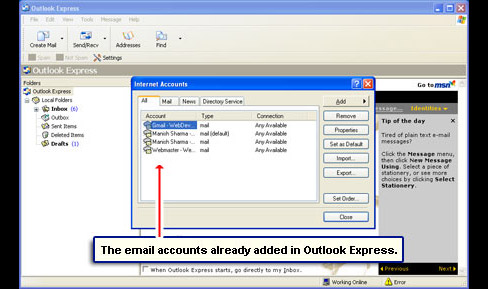Email accounts listed in a pop-up
