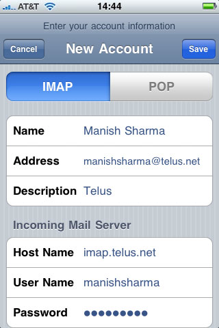 Telus email account set up on the iPhone using IMAP