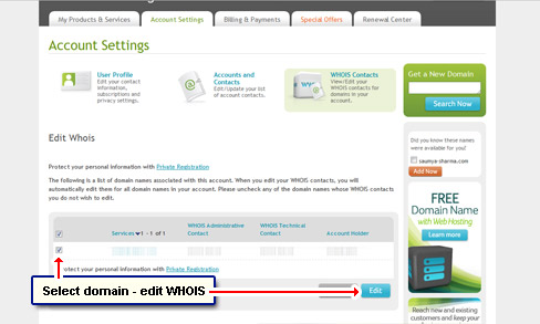 Select the domain name for which you want to update the WHOIS information