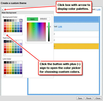 Pick colors from palettes or choose a custom color from the picker to create your own custom Gmail theme