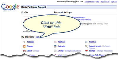 Click on the Edit Google Products links to close and delete a service including Gmail