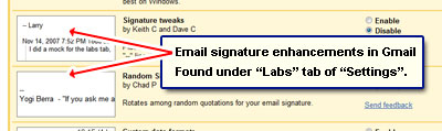 Gmail email signature enhancements found under the Labs tab of the Settings
