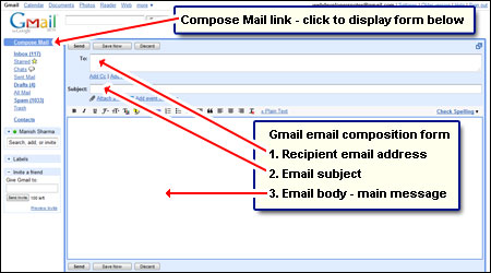 New email composition window in Gmail - with three form fields