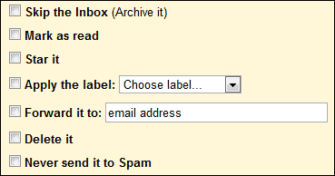 Actions to be chosen for Gmail filters