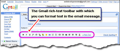 The rich-text formatting toolbar in the Gmail new message composition window