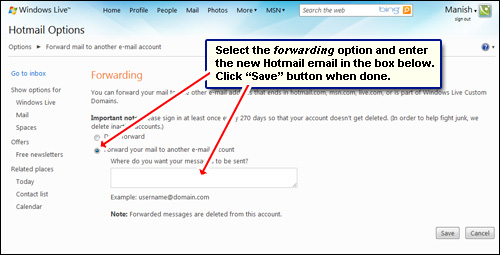 Change a Hotmail email address by forwarding to a new one you create