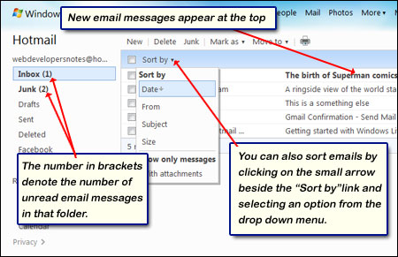Check Hotmail account for new emails and sort the messages