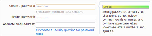Choose password for Hotmail account and enter it twice - check the password strength bar