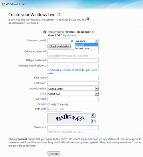 Create a second Hotmail email address by filling up this form