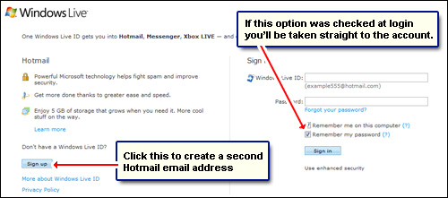 The Hotmail homepage with the Sign In and Sign Up buttons - start creating your second account