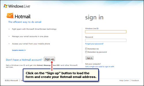 Hotmail homepage with signup button to create a new account