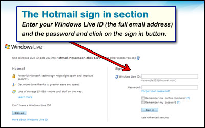 Hotmail login page located at www.hotmail.com