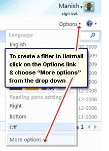 Hotmail options section