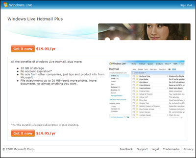 Hotmail Plus homepage with features of the paid version of the online email service