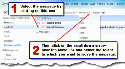 Steps to move an email message in Hotmail account o designated folder