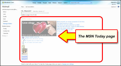 The MSN Today page displayed instead of the Hotmail inbox with the email listing