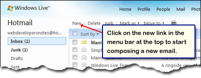 The New link in the top menu opens the email composition section